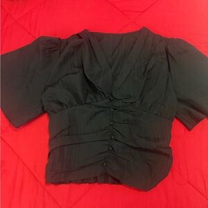 Black Puff Sleeve Button-Front Women's Top